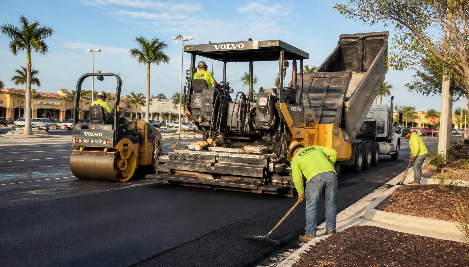 South Florida Paving Inc. crew paving an asphalt surface in Plantation, FL