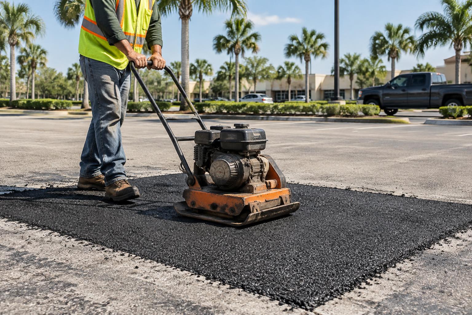Plate compactor compacting an asphalt pavement patch