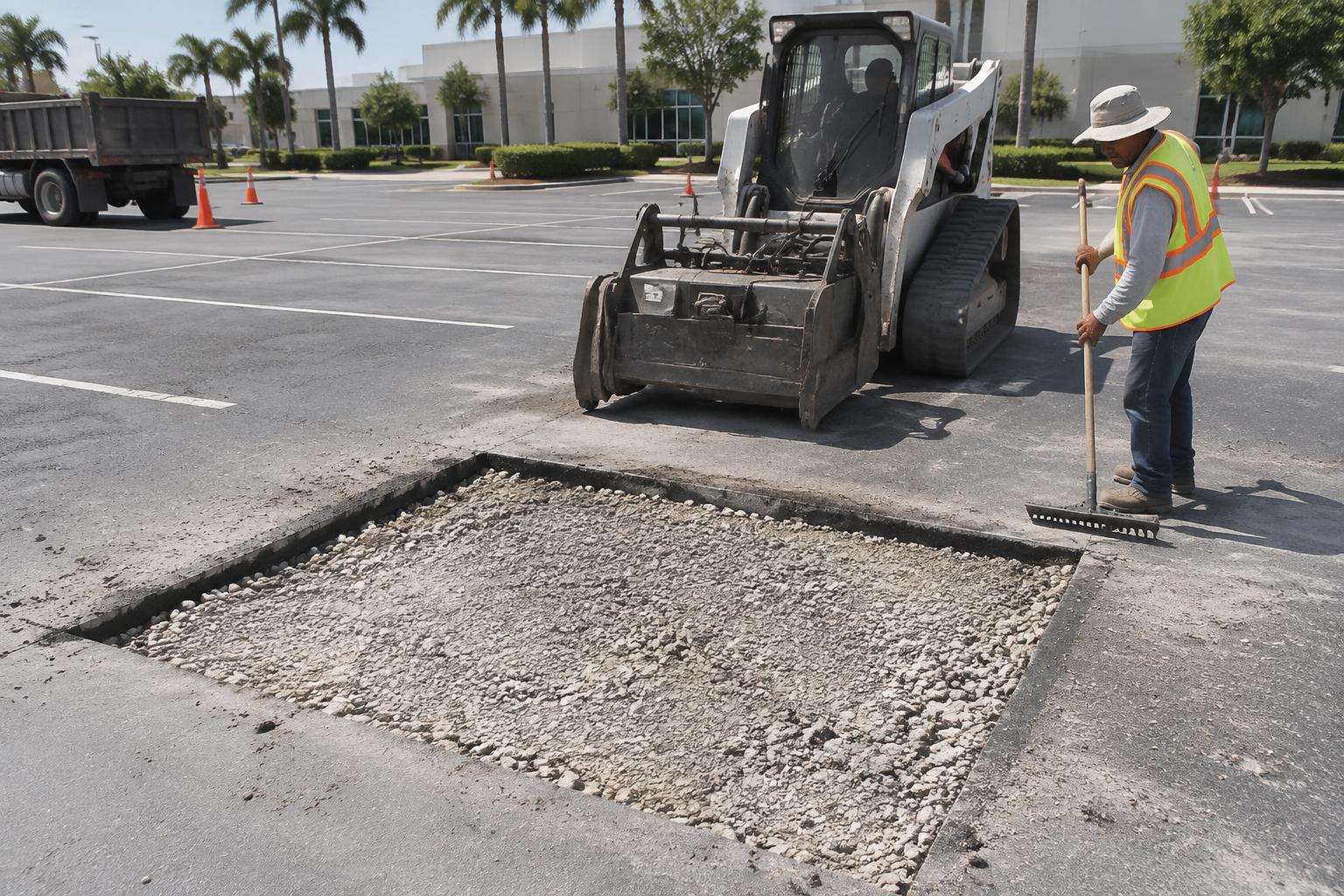 Clean saw-cut asphalt edges and a prepared stone base for a full-depth pavement patch