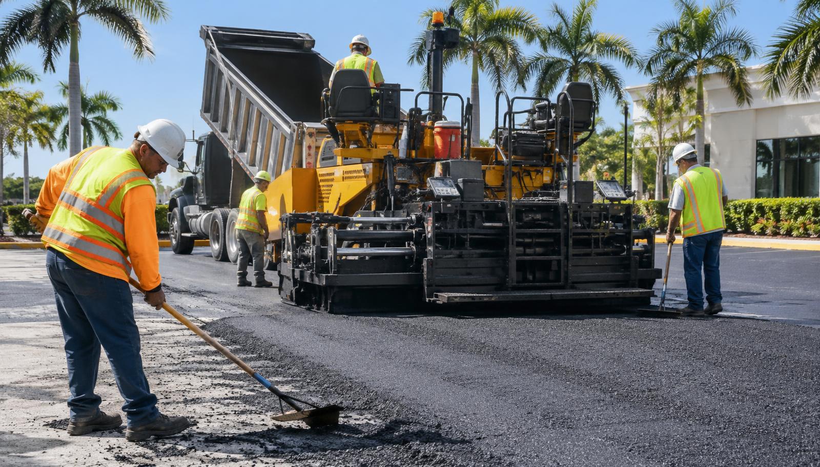 Paving crew laying fresh asphalt on a Palm Beach commercial parking lot
