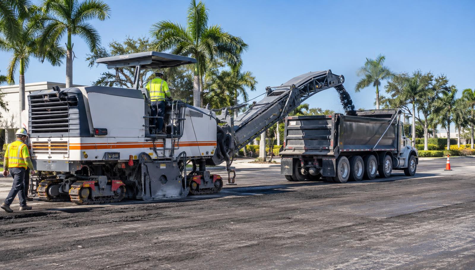 Milling machine removing worn asphalt before resurfacing
