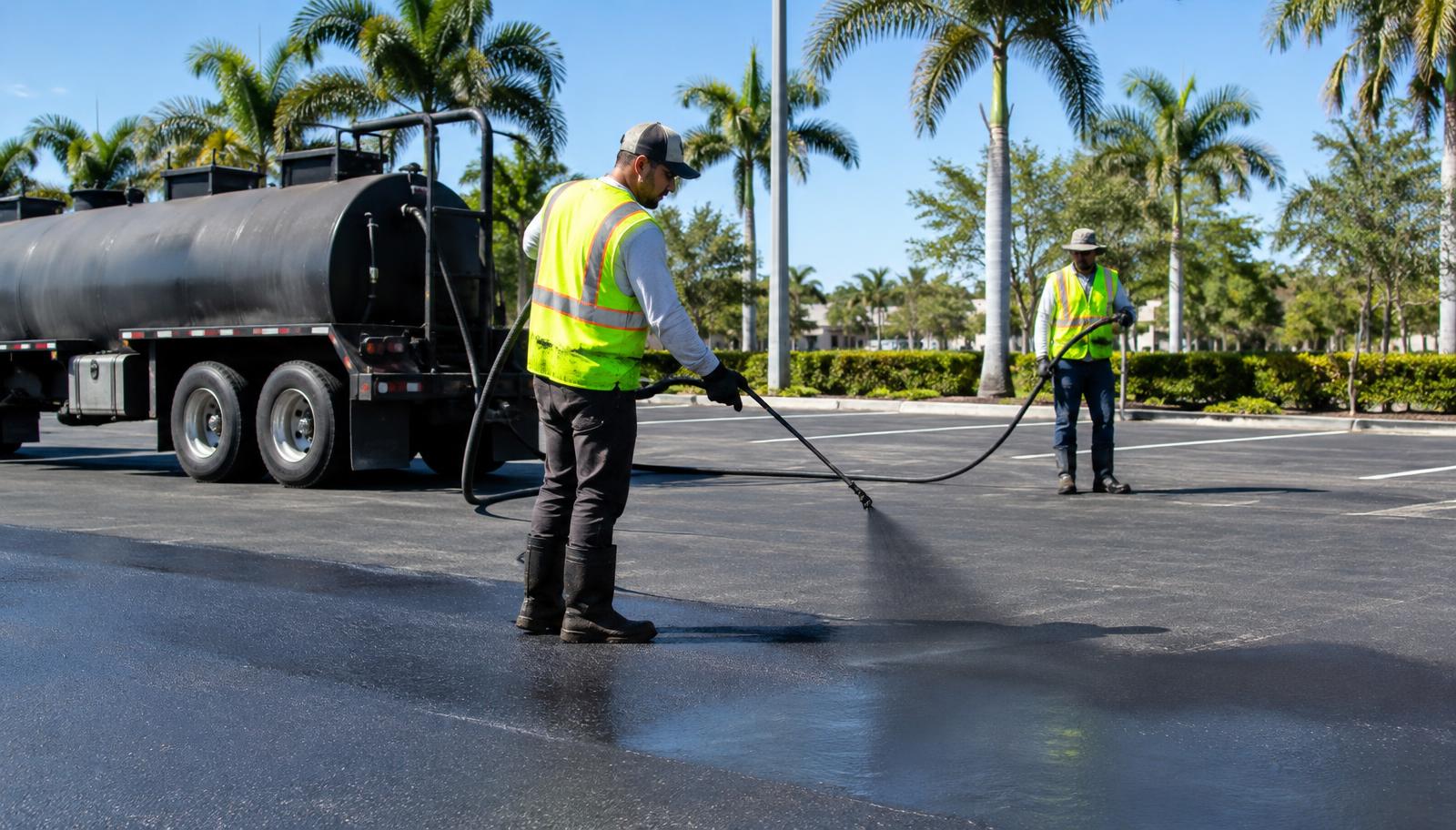 Crew spraying sealcoat on an asphalt parking lot in South Florida
